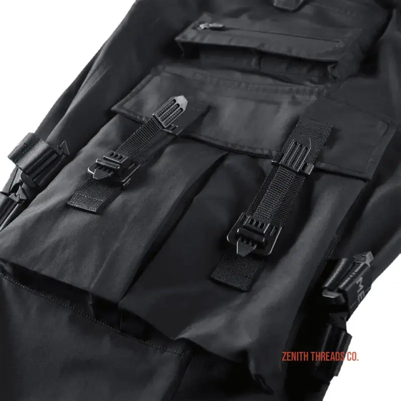 Black tactical backpack with MOLLE webbing and buckle straps.