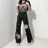 Techwear Gothic low waist black cargo pants with buckles featuring a graphic print design