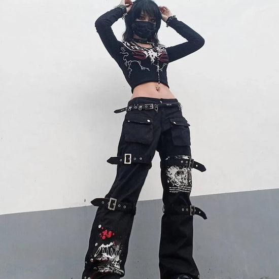 Techwear gothic low waist black cargo pants featuring stylish buckles and a unique design