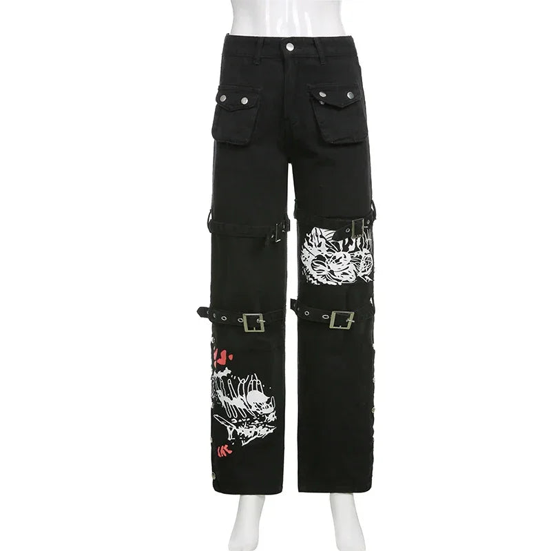 Techwear gothic low waist black cargo pants with buckles featuring a striking graphic print