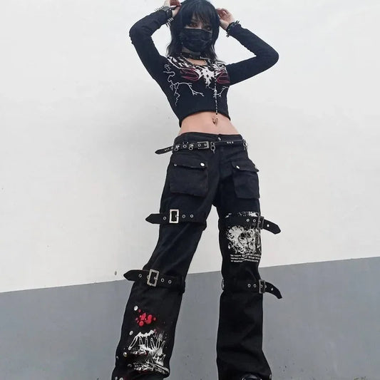 Techwear gothic low waist black cargo pants with buckles in a stylish design