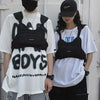 Two people showcasing a Tactical Techwear Vest Bag made of durable oxford fabric and featuring a chest rig