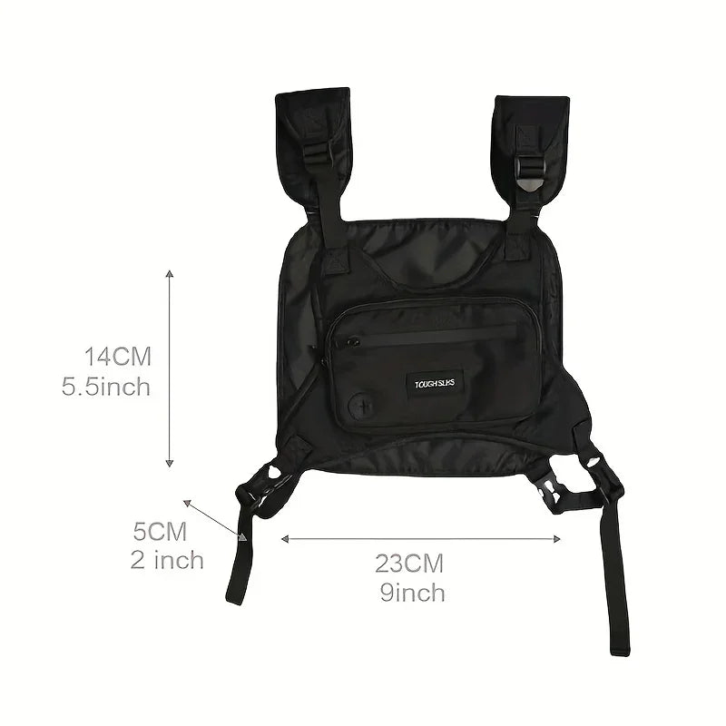 Black techwear vest bag made of durable oxford fabric with adjustable straps for chest rig use