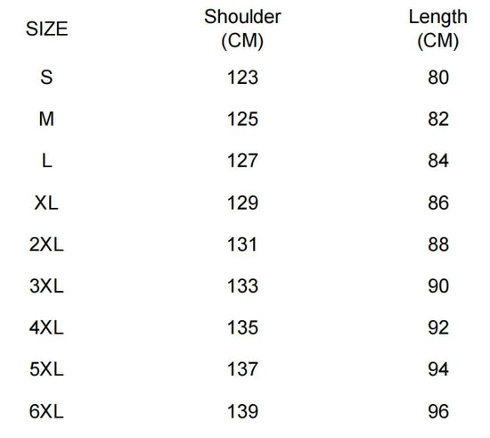 Clothing size chart for Telisan Techwear oversized baggy gothic sweatshirt with three-dimensional pocket