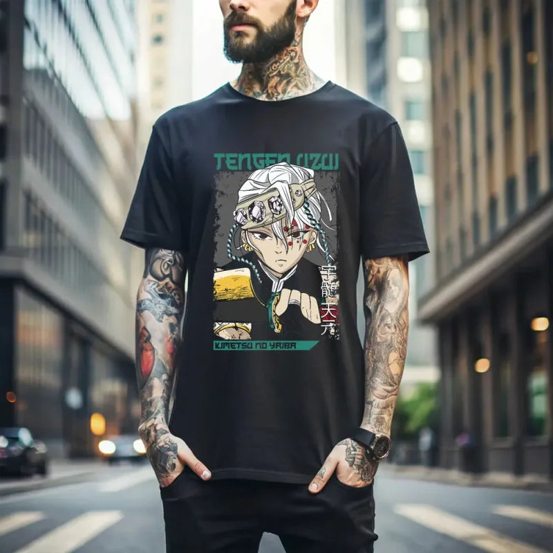 Black Anime graphic tee featuring Tengen Uzui from Demon Slayer in premium cotton