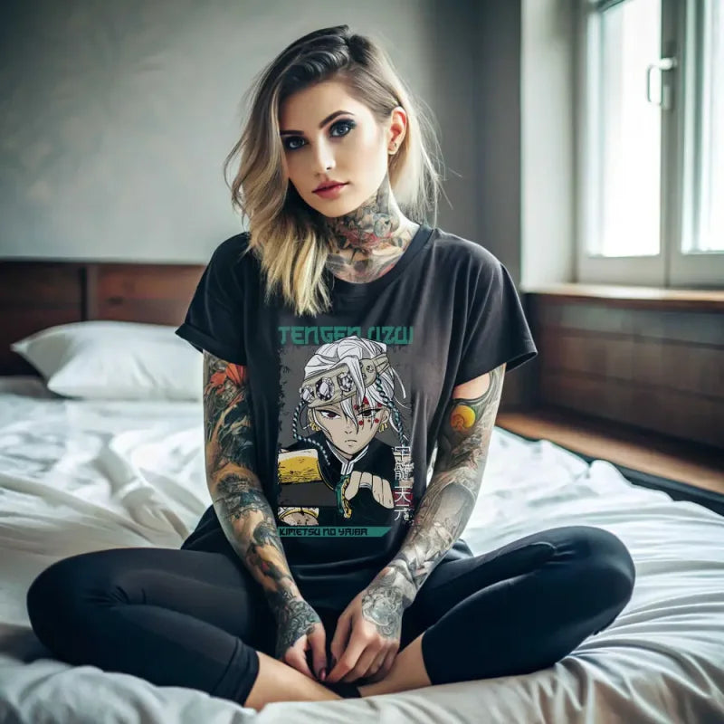 Tattooed woman showcasing Tengen Uzui Demon Slayer premium cotton graphic tee