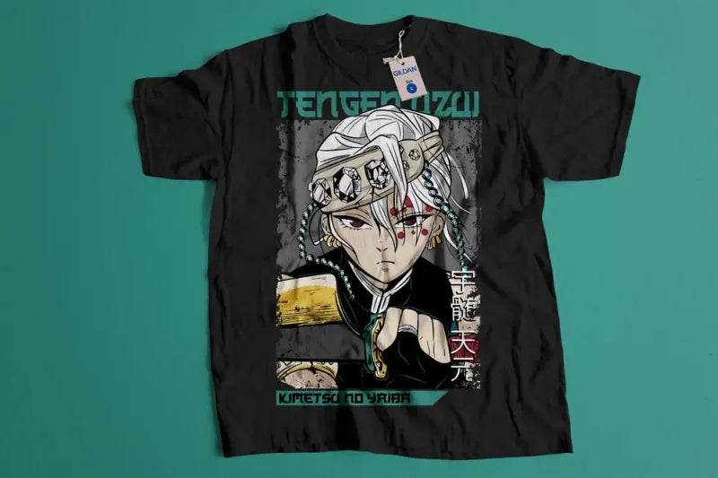 Black T-shirt featuring Tengen Uzui graphic from Demon Slayer, made of premium cotton