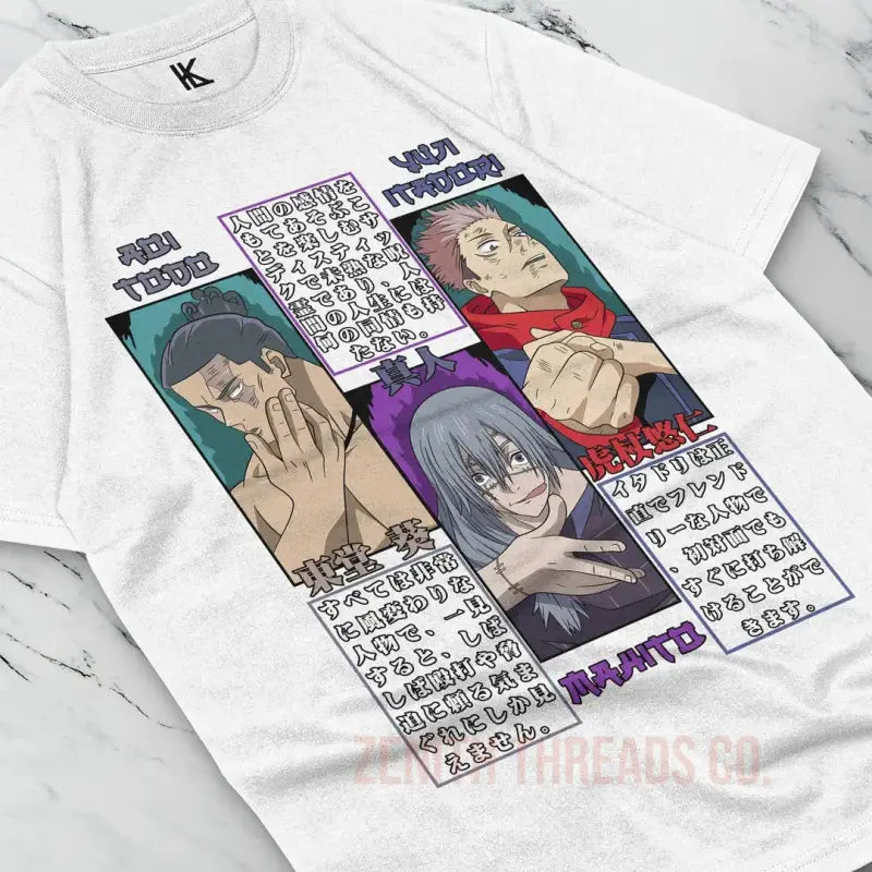 White t-shirt featuring anime-style manga panels with Japanese text and character illustrations.