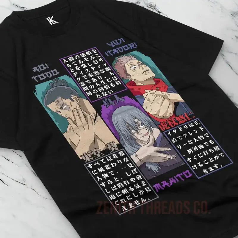 Black t-shirt featuring anime-style character panels with Japanese text and colorful artwork.