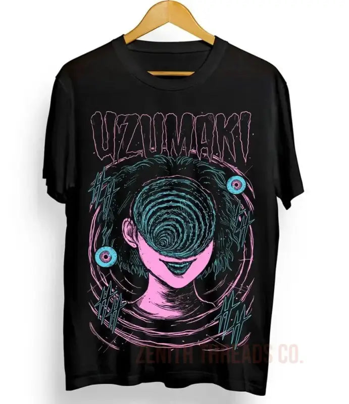 Black t-shirt featuring a pink and blue spiral horror-style graphic design with ’Uzumaki’ text.