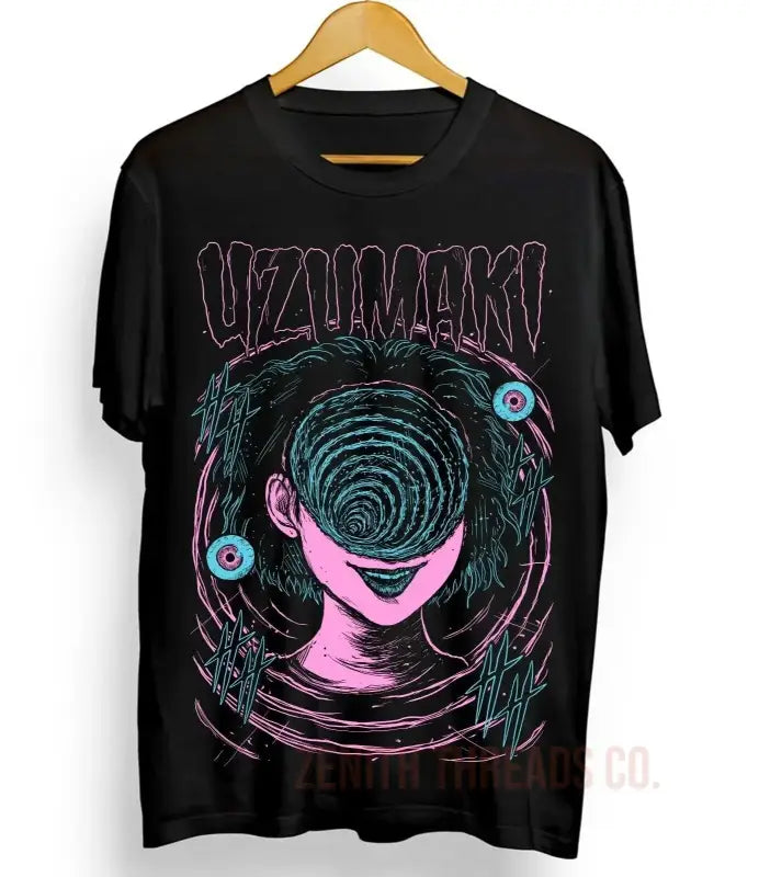 Black t-shirt featuring a pink and blue spiral design with ’UZUMAKI’ text at the top.