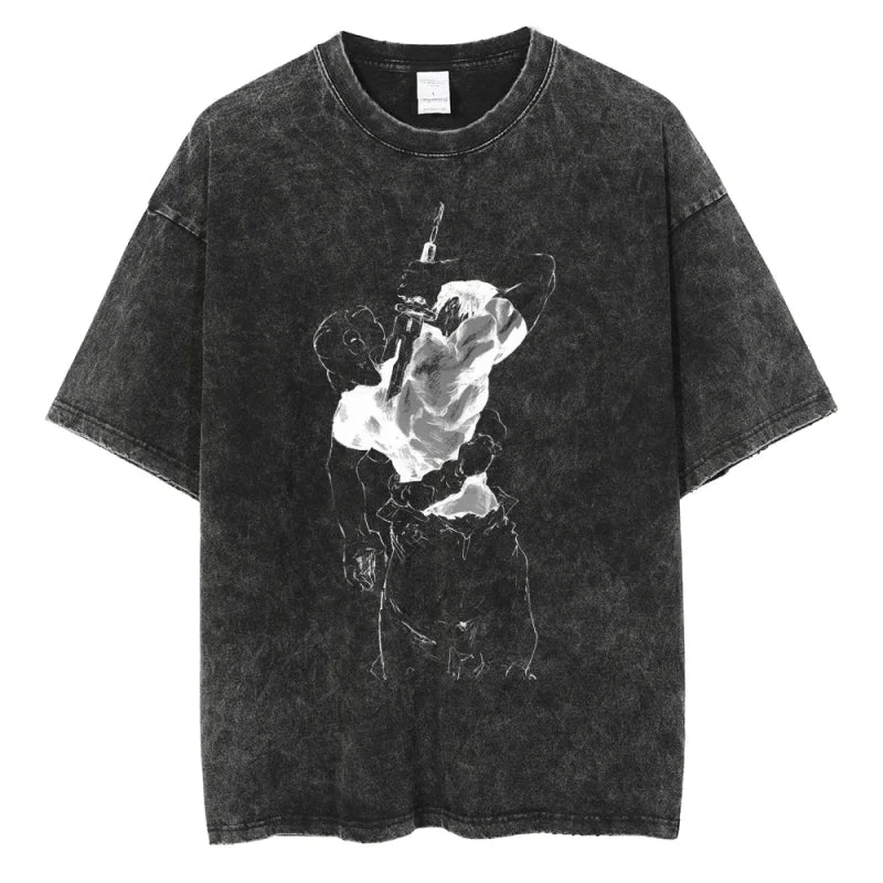 Distressed black graphic t-shirt from mainland China, trendy casual anime pullover