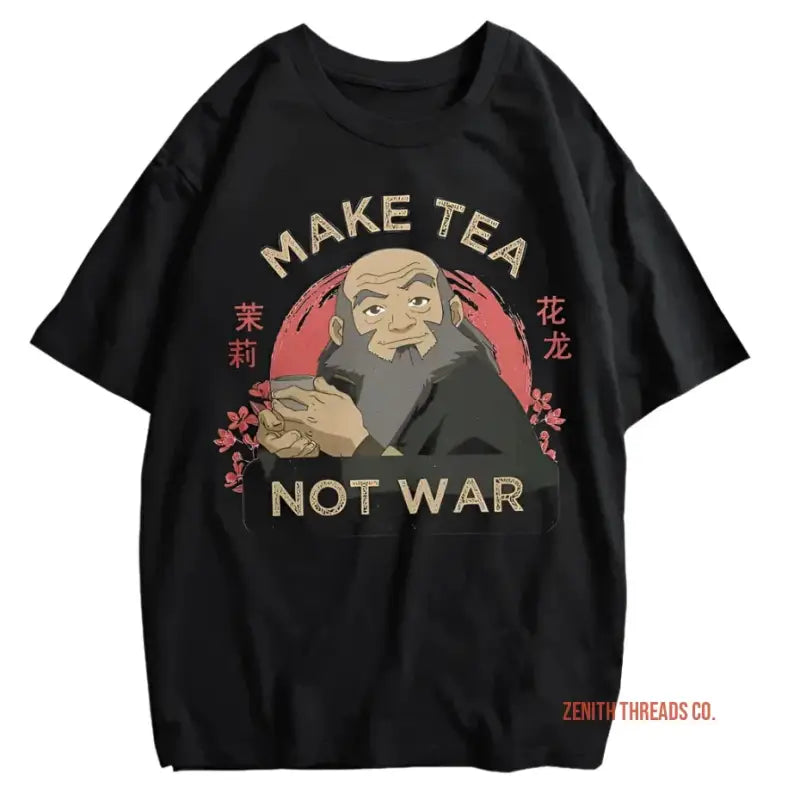 Black t-shirt featuring an anime-style illustration with ’MAKE TEA NOT WAR’ text and Asian characters.