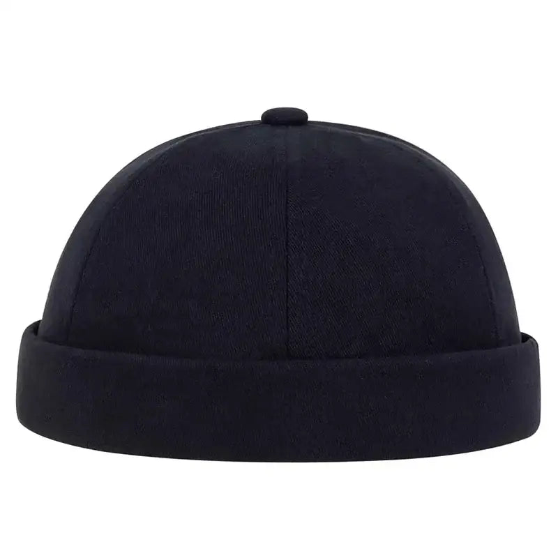 Black docker hat with a rolled brim.