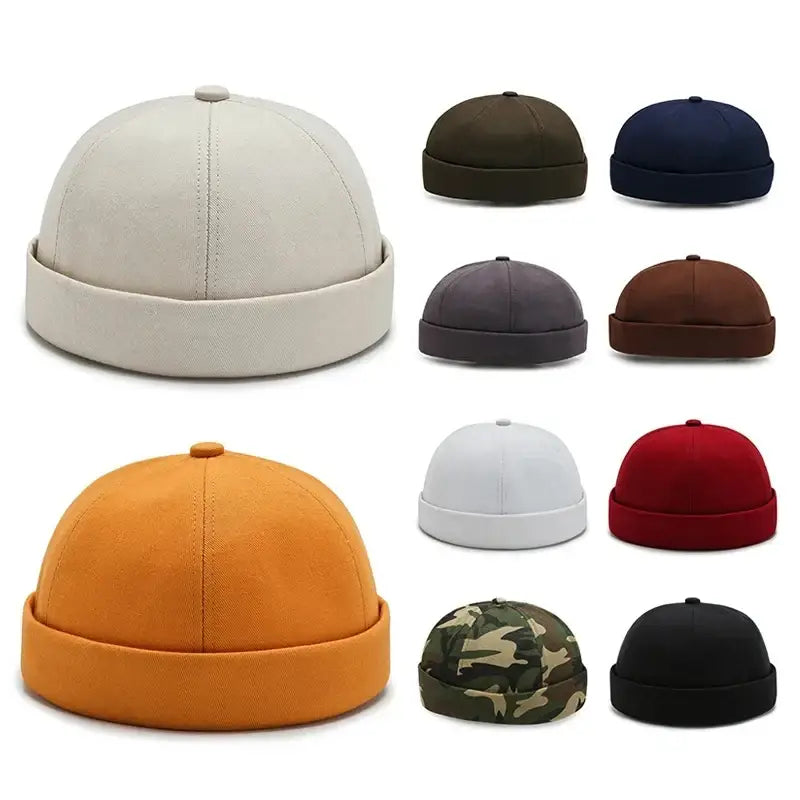 Docker-style beanie caps in various solid colors and one camouflage pattern.