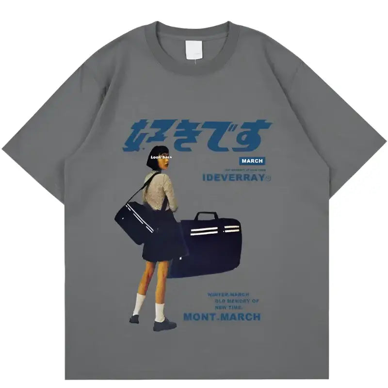 Grey t-shirt featuring a Japanese anime-style illustration of a student with a school bag.