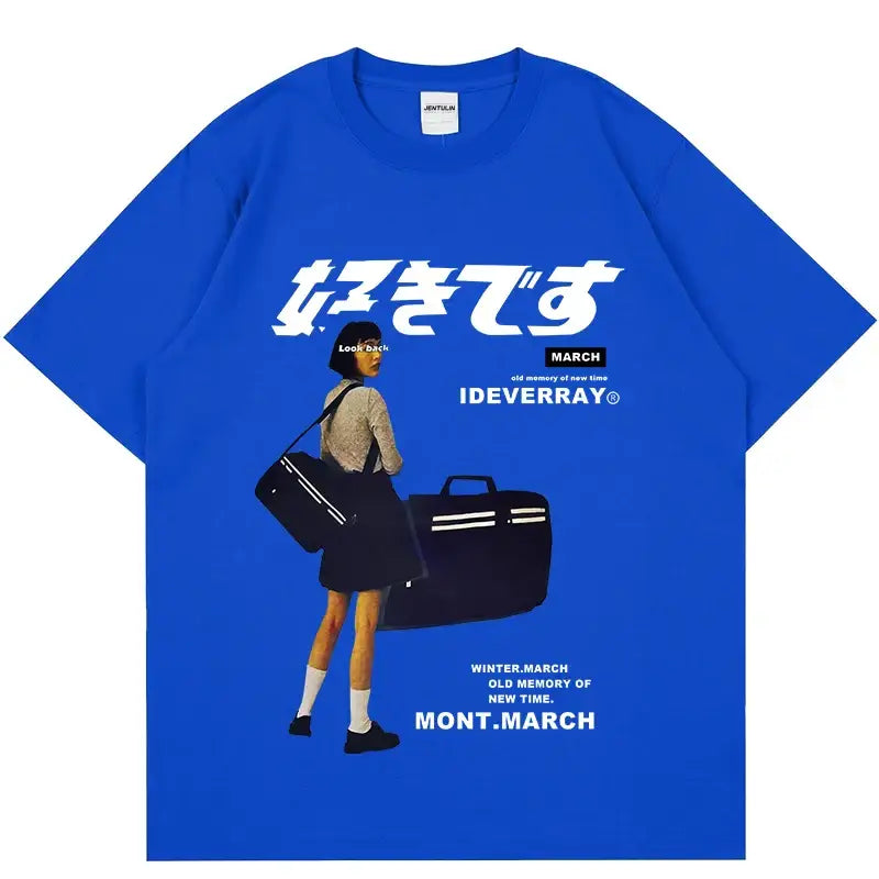 Royal blue t-shirt featuring Japanese text and an illustration of a person with a travel bag.