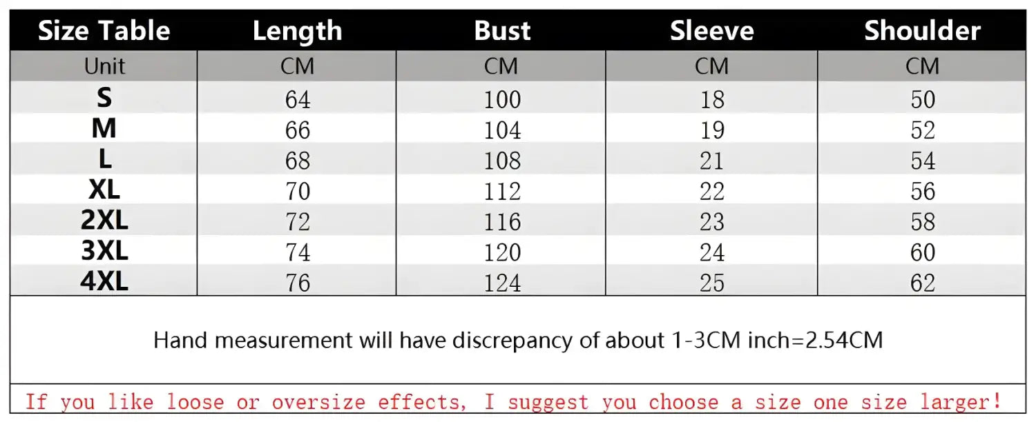 Size chart showing measurements for clothing in centimeters across different sizes from S to 4XL.