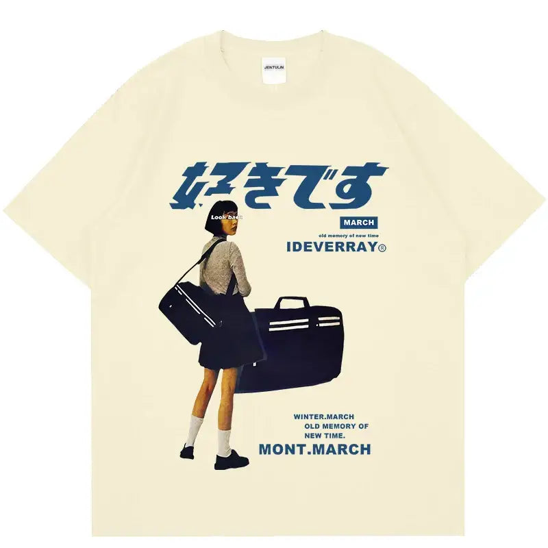 Unisex Japanese Girl Kanji Streetwear T-Shirt - Breathable Cotton Casual Tee - Creme Blue / S - T-Shirt