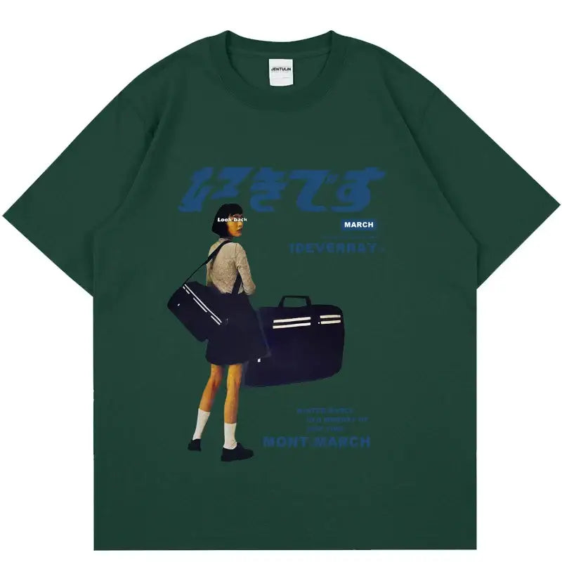 Green t-shirt with a retro-style graphic design featuring a figure carrying luggage.