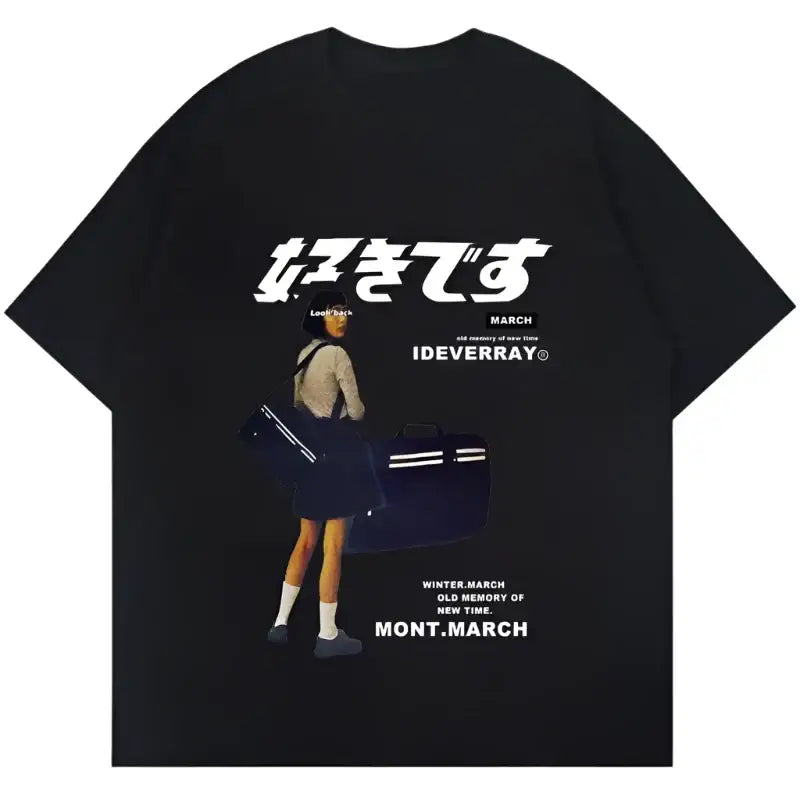 Black t-shirt with Japanese text and an anime-style character illustration on the back.