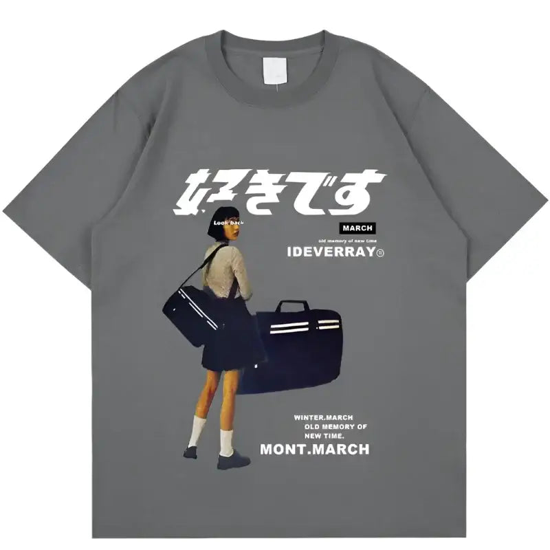 Grey t-shirt with Japanese text and an anime-style illustration of a student carrying bags.