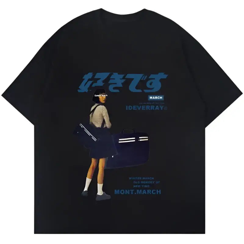 Black t-shirt with Japanese text and an anime-style character illustration on it.