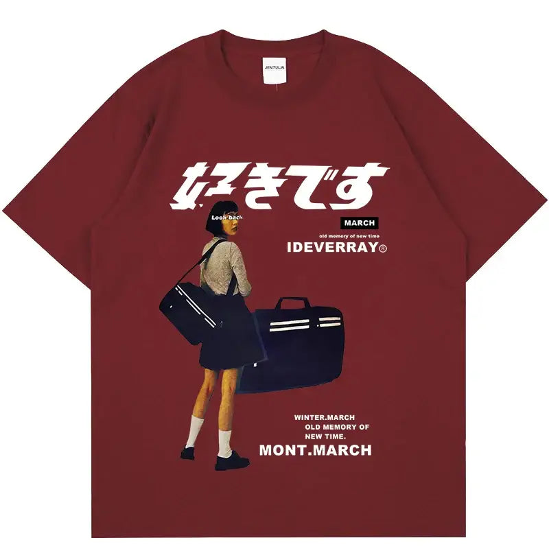 Burgundy t-shirt featuring Japanese text and an illustration of a person carrying luggage.