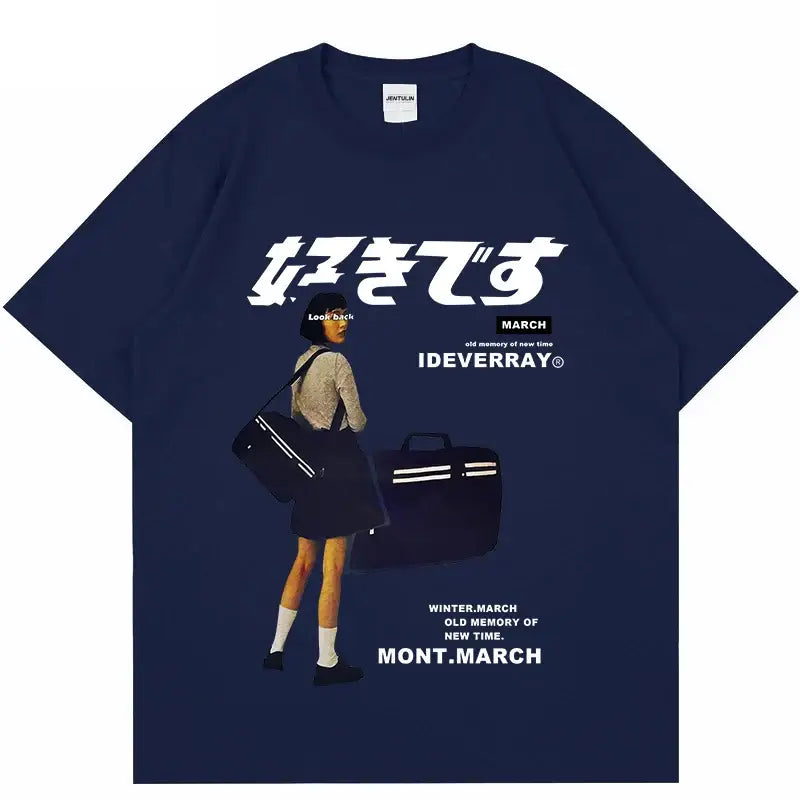 Navy blue t-shirt featuring Japanese text and an illustration of a person with luggage.