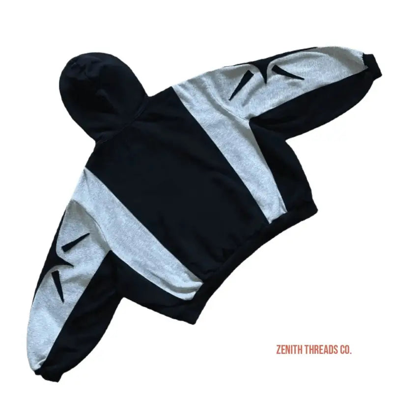 Black and gray hooded sweatshirt with diagonal stripe design.