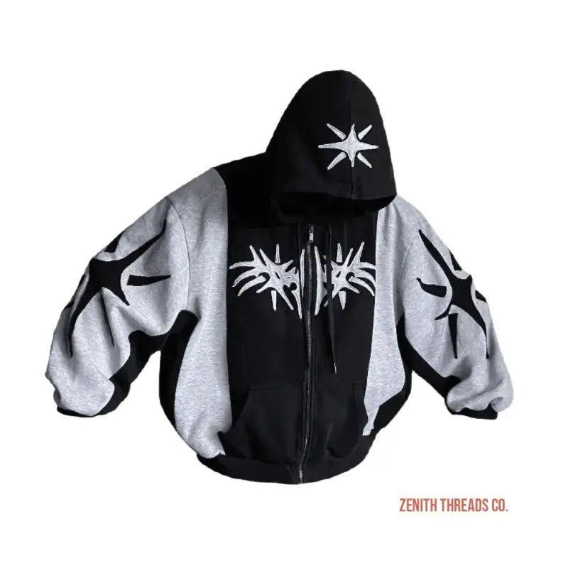 Black and grey zip-up hoodie with tribal star designs.