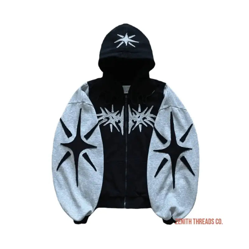 Black and gray zip-up hoodie with star-burst designs on the sleeves and chest.