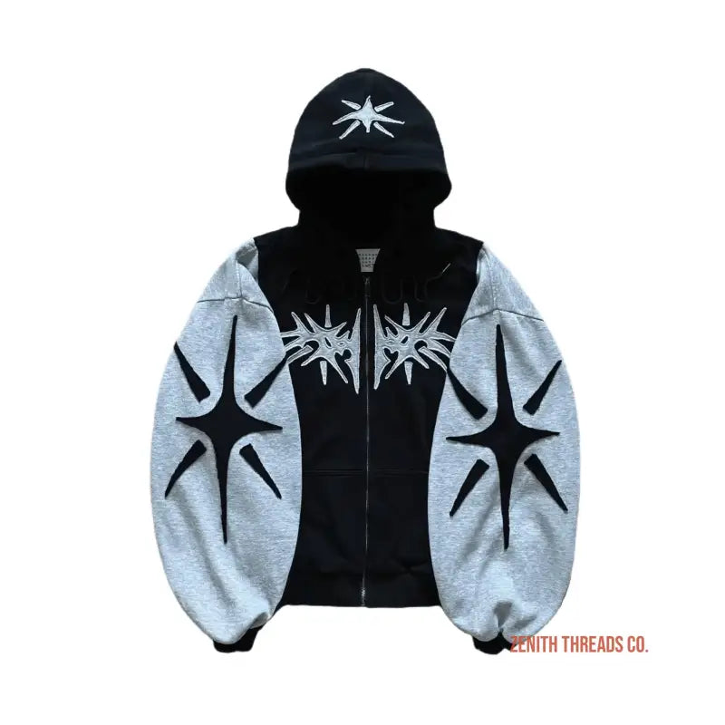 Black and gray zip-up hoodie with star-burst designs on the sleeves and chest.