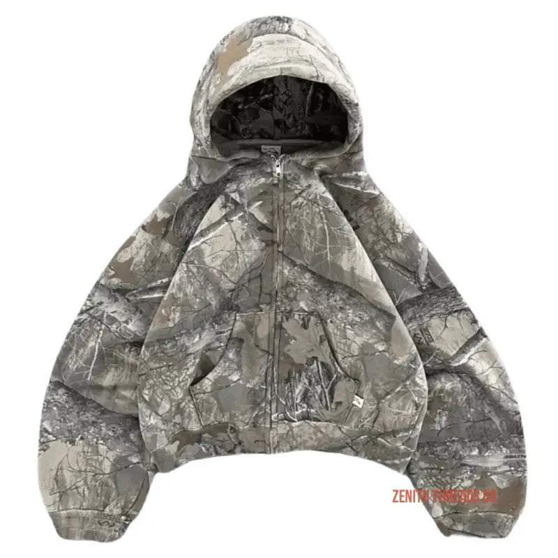 Camouflage hooded winter jacket with a full front zipper.