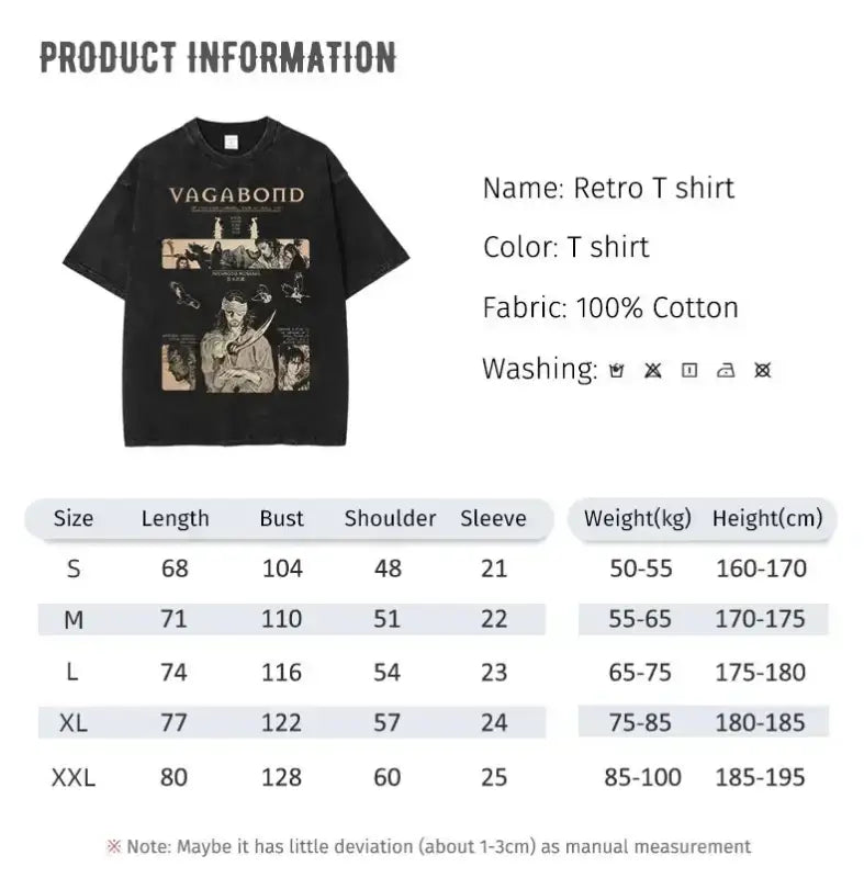 Black cotton t-shirt with vintage-style photographic prints and ’VAGABOND’ text.