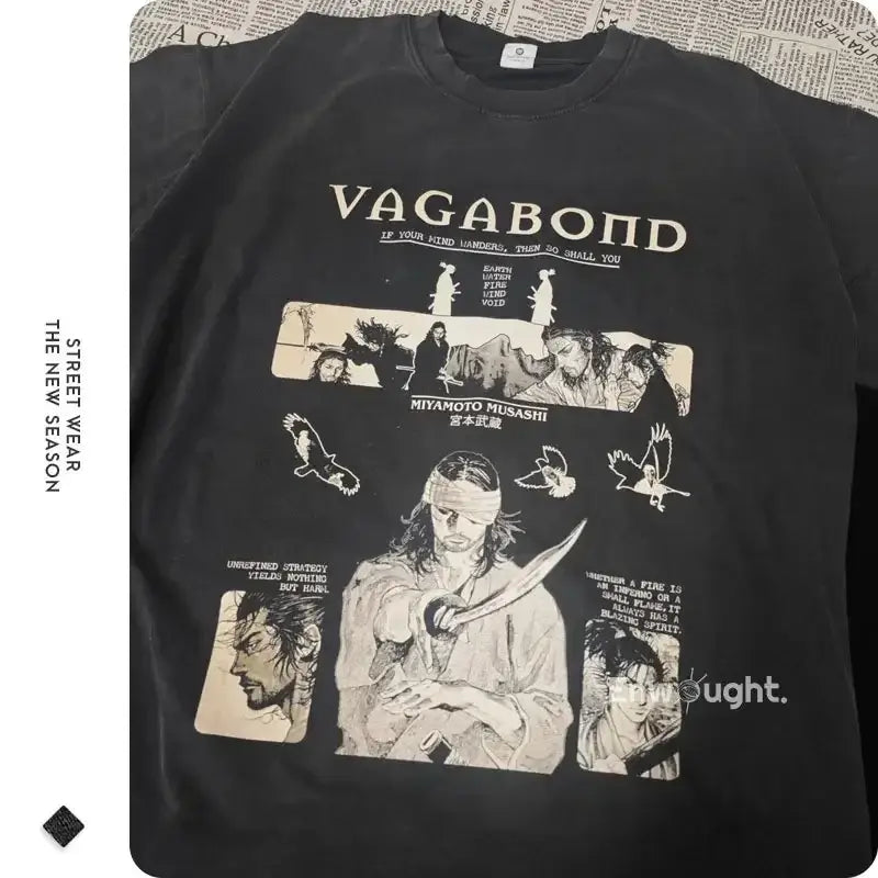 Black t-shirt with ’Vagabond’ manga artwork printed on it.