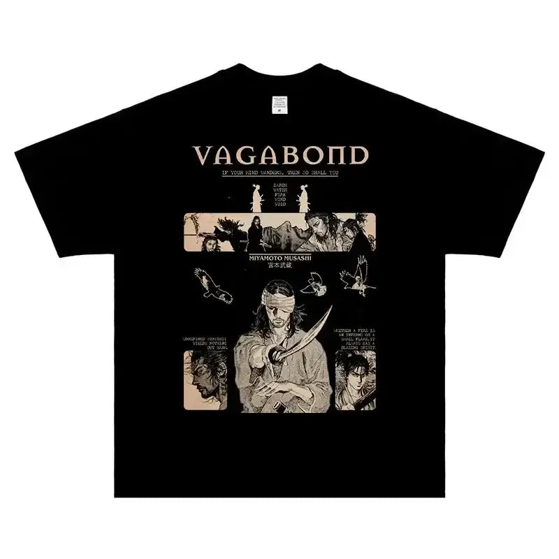 Black t-shirt with vintage-style samurai artwork and ’Vagabond’ text.