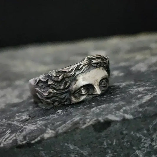 Silver Venus Mask Adjustable Ring with face design for anime streetwear style