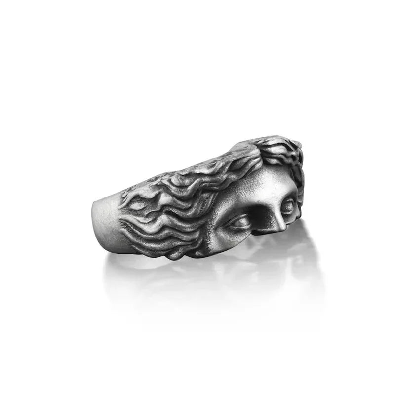 Silver-toned Venus Mask adjustable ring featuring intricate relief detailing for streetwear elegance