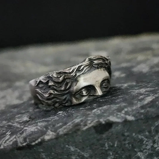 Silver Venus Mask adjustable ring featuring intricate relief detailing for streetwear style