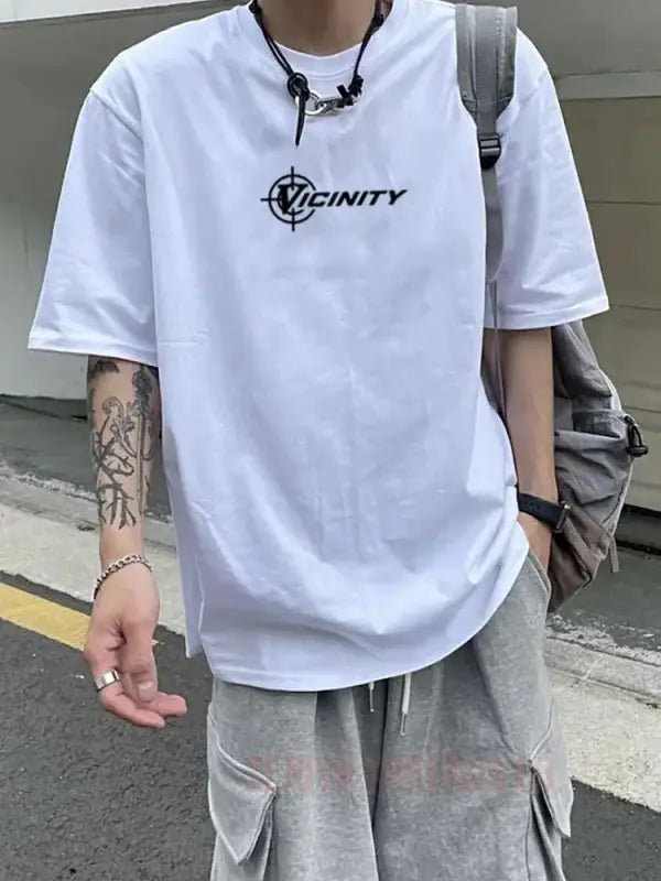 White t-shirt with ’Infinity’ logo print on the chest.