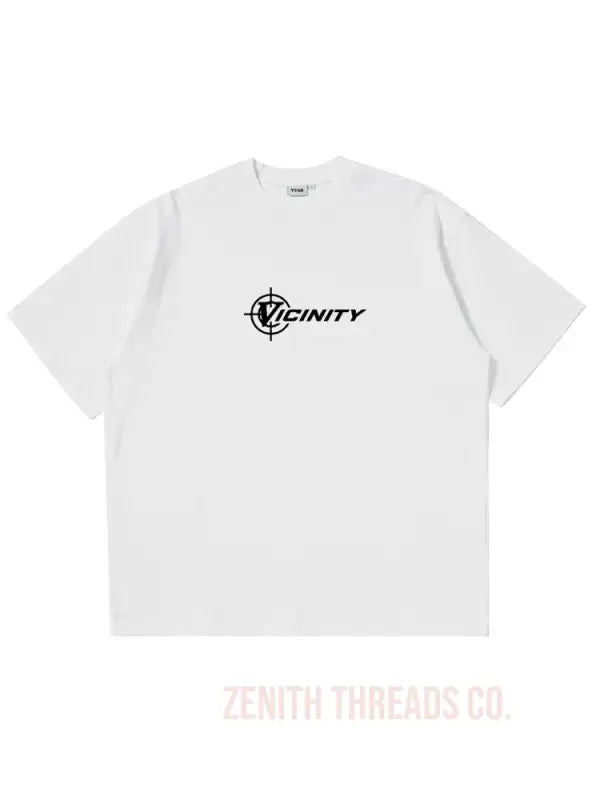 White t-shirt with black ’Trinity’ logo text and design printed on the front.