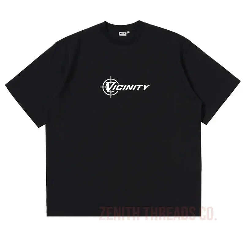 Black t-shirt with white ’Vicinity’ logo and compass design.