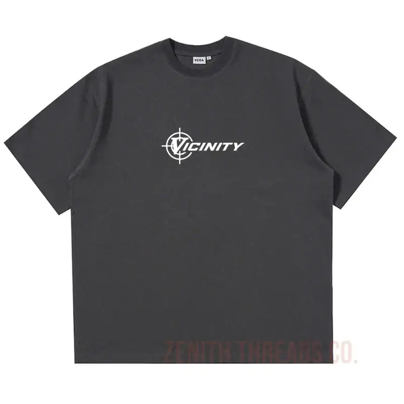 Dark gray t-shirt with ’INFINITY’ logo and crosshair design printed on the front.