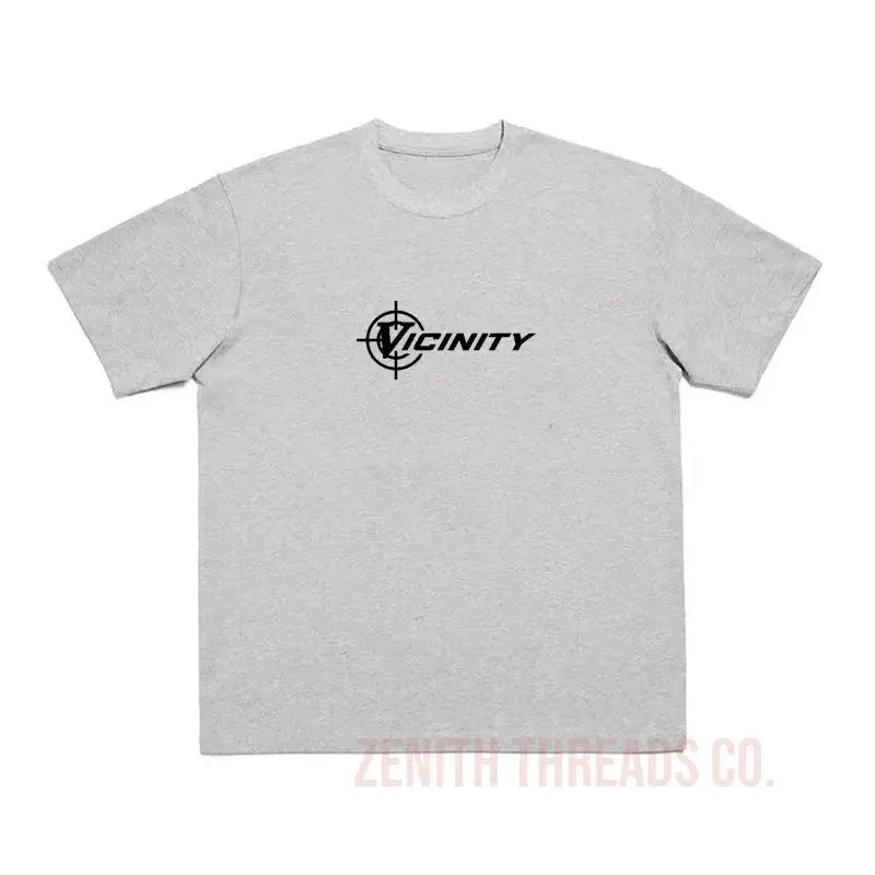 Light gray t-shirt with a black ’Vicinity’ logo printed on the front.