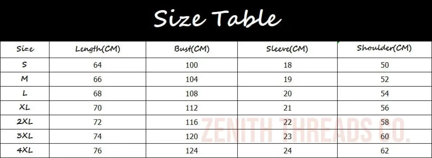 Size chart showing measurements for length, bust, sleeve, and shoulder dimensions across different clothing sizes from S to 4XL.