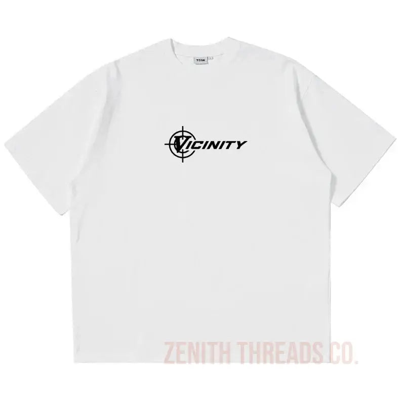 White t-shirt with black ’Infinity’ logo and crosshair design.