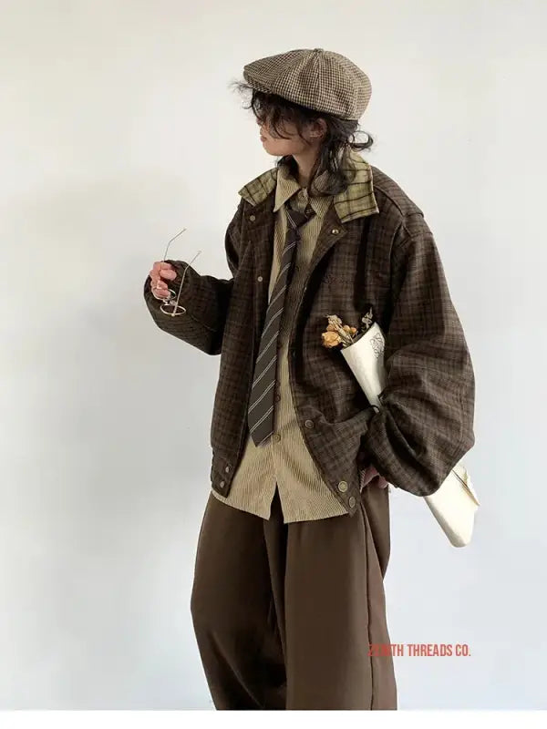 A person wearing a brown plaid blazer, newsboy cap, and loose trousers in a vintage-inspired outfit.