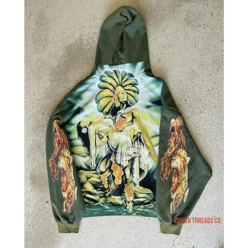 Olive green hoodie with fantasy-themed artwork featuring angels and flames printed on the back.