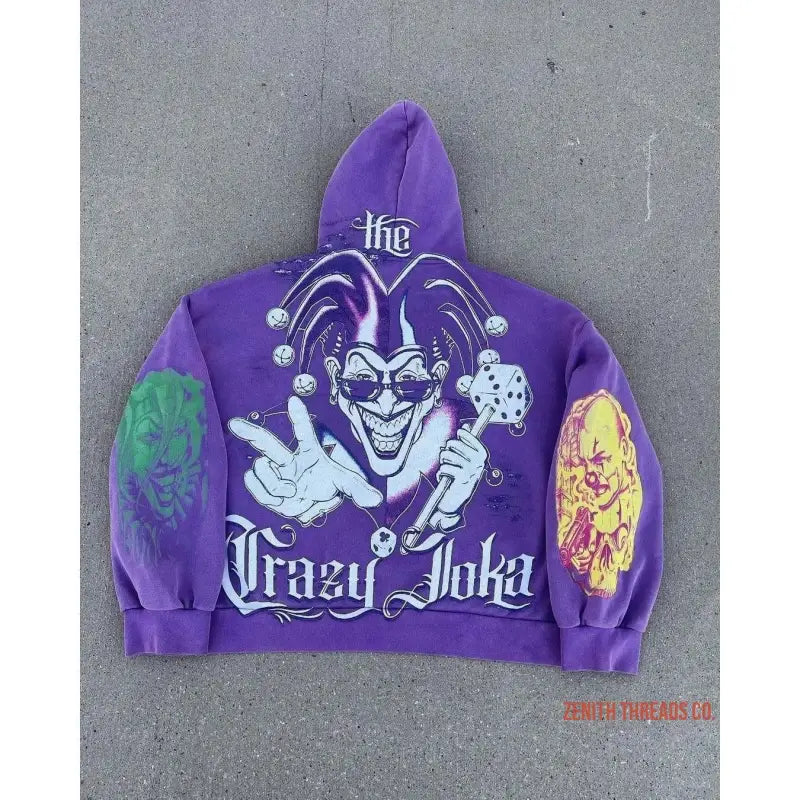 Purple hoodie with ’Crazy Joker’ graphic design featuring a joker character and playing card motifs.